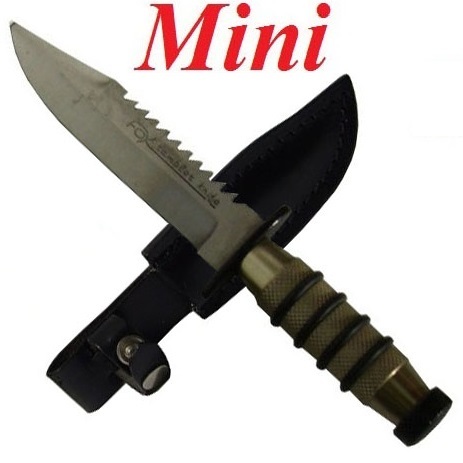 Mini survival color oro con fodero - mini coltello da sopravvivenza da collezione - replica in miniatura di coltello militare da sopravvivenza marca fox  .